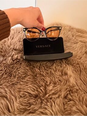 Versace Black Frame Sunglasses with Amber Lenses and Gold Medusa Accents